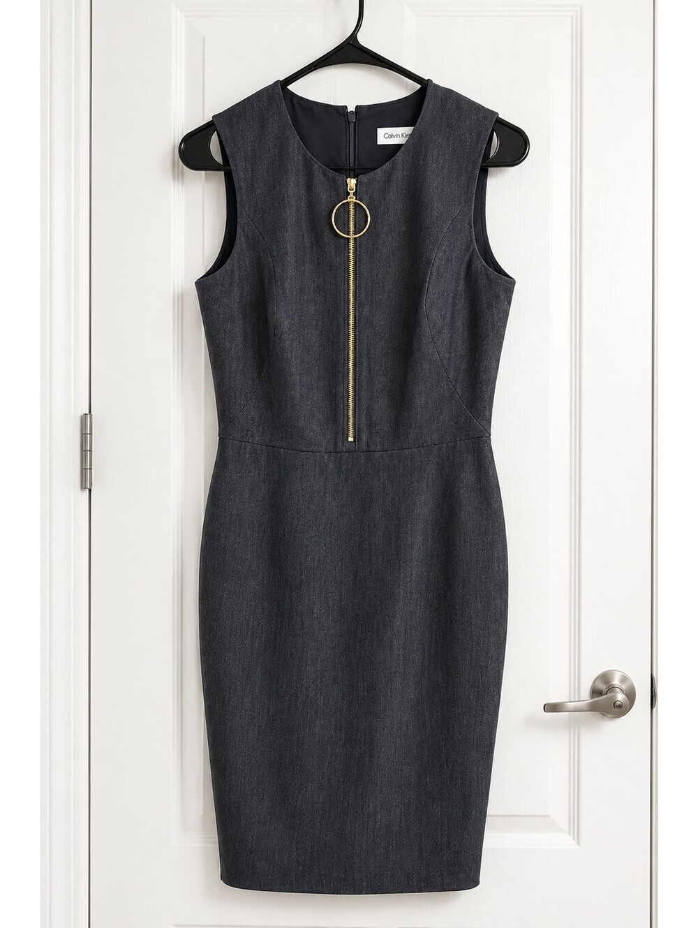 Calvin Klein Size 4 Charcoal Gray Dress Gold Ring Zip Sleeveless Career Dress